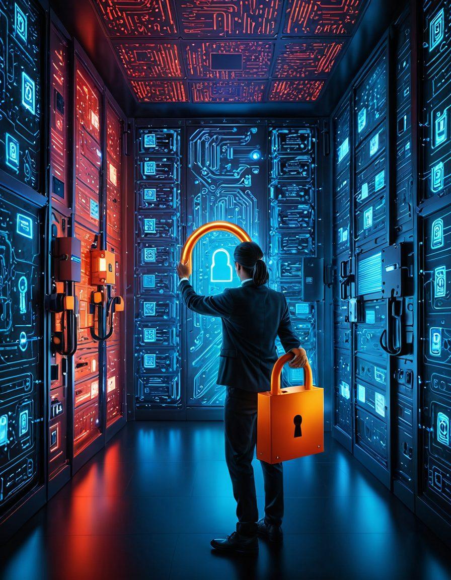 A vault filled with encrypted data files, surrounded by sturdy padlocks and security symbols. One person is securely transferring files online with glowing, encrypted pathways linking to various devices. Background features a blueprint layout of cybersecurity elements. super-realistic. vibrant colors. 3D.