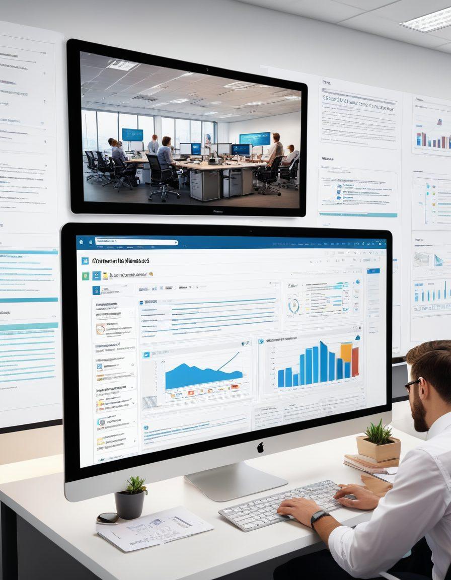An office setting with diverse team members collaborating around a large digital screen showing a shared document filled with annotated comments. Include interconnected devices like laptops, tablets, and smartphones displaying the same file. Highlight an organized file structure with clear version history and cloud icons. super-realistic. vibrant colors. white background.