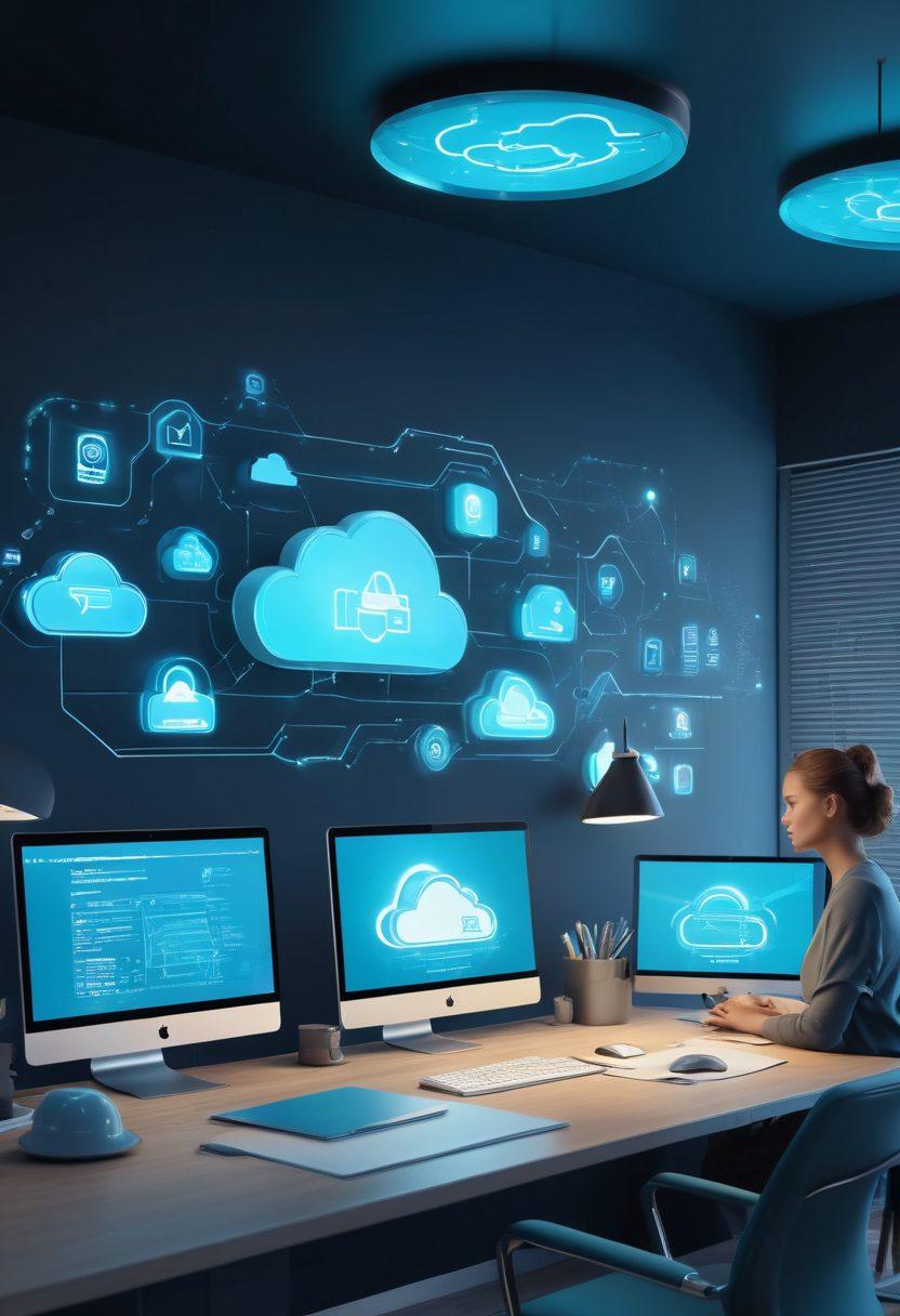 A futuristic digital workspace with holographic cloud storage icons, secure file transfer animations between floating devices, and collaborative tools visually linking documents between diverse users. The backdrop is a sleek, minimalistic office environment with a deep blue and teal color scheme. 3D rendering. High-tech. Vibrant colors.
